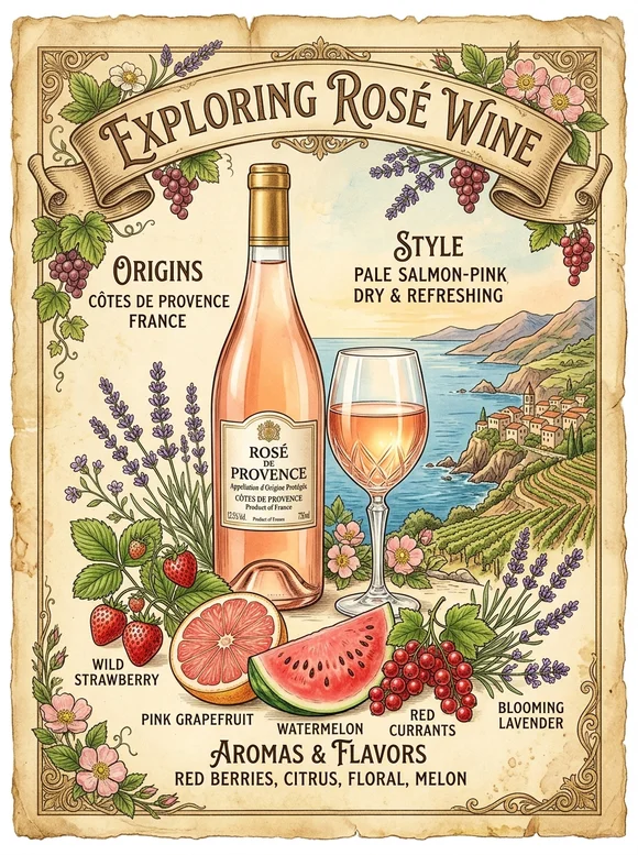 Roséwein (Rebsorten & Stile) — poster and bottle