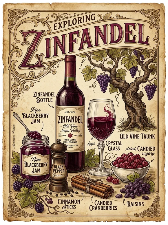 金芬黛 (Zinfandel / Primitivo) — poster and bottle